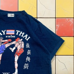 VTG Muay Thai Y2K Kick Boxing Shirt Men S Navy MMA Thailand Tee Kick Leeson