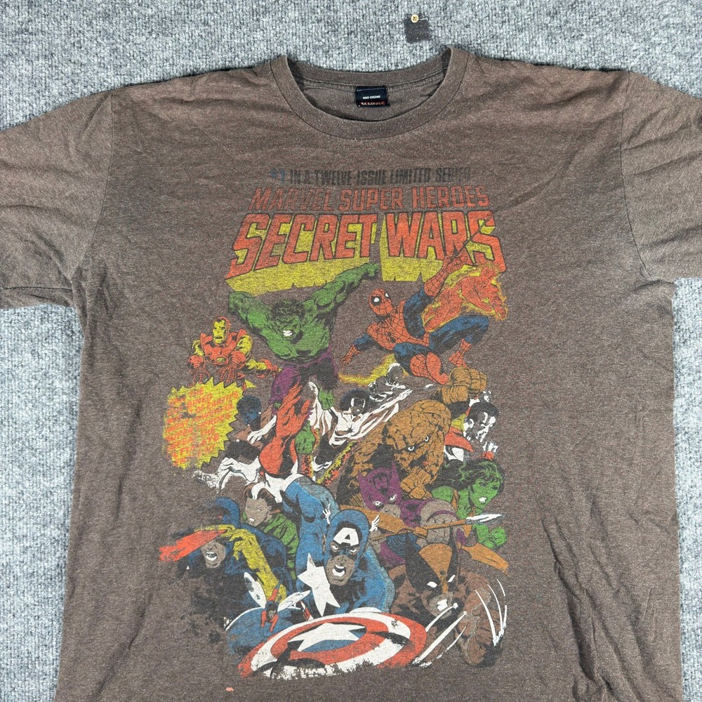 Mad Engine T-Shirt Mens Size XL Brown Marvel Secret Wars Graphic Comic Book Tee