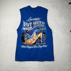 Suna 99th Laconia Bike Week T Shirt Mens M Blue What Happens Here Stays Here