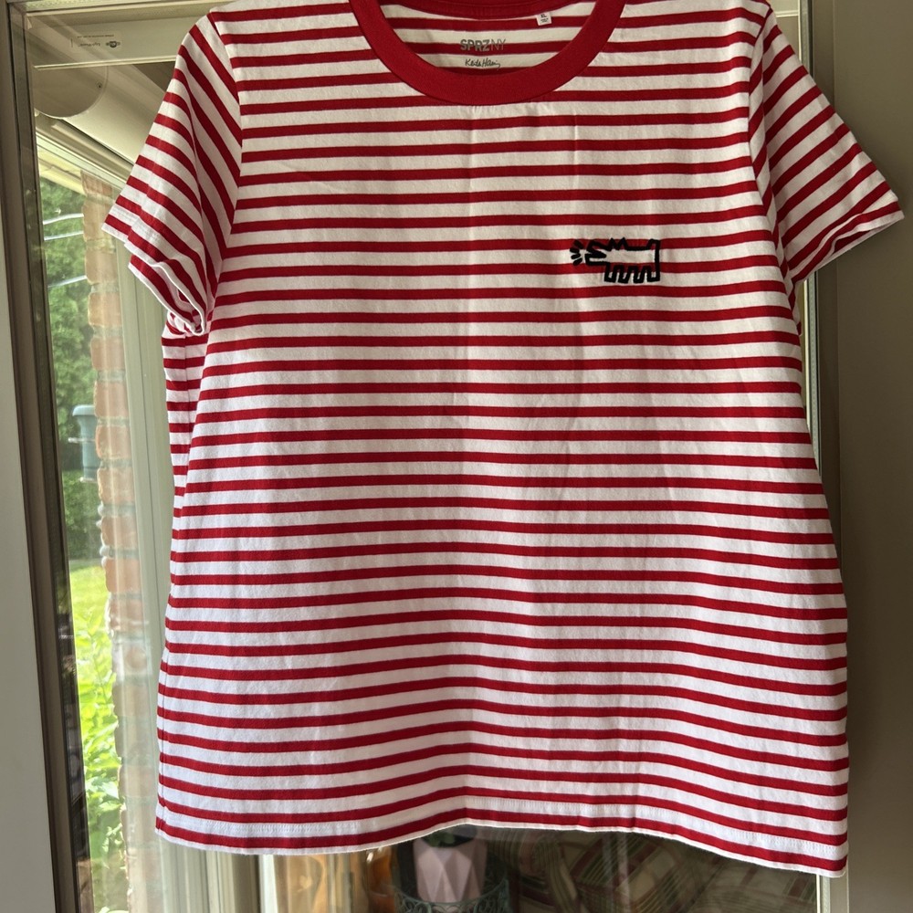 Keith Haring SPRZ NY T-Shirt Red & White Striped Embroidered Pop Art EUC