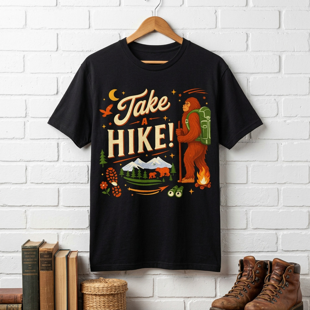 Take a Hike Bigfoot Graphic Retro T-Shirt, Unisex Outdoorsy Hiker Tee