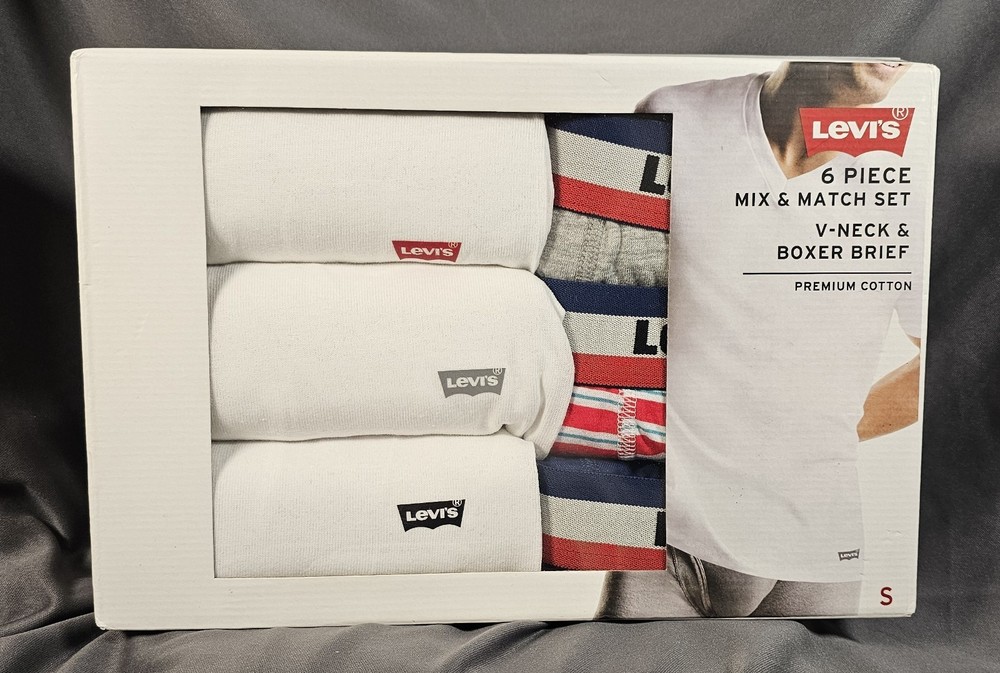 Levi’s 6 Pc Mix & Match S 3 White Crew T-Shirts Red White Blue Gray Boxer Briefs