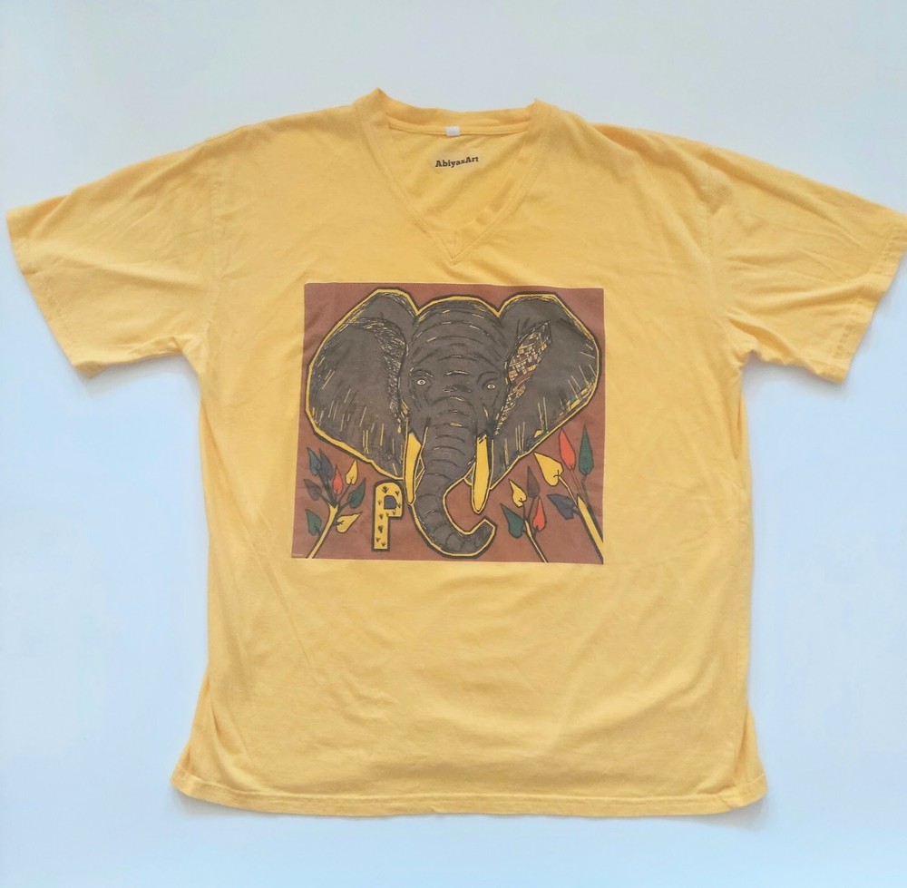 Abiyas Art V Neck Elephant Graphic T Shirt Adult Size Large Yellow