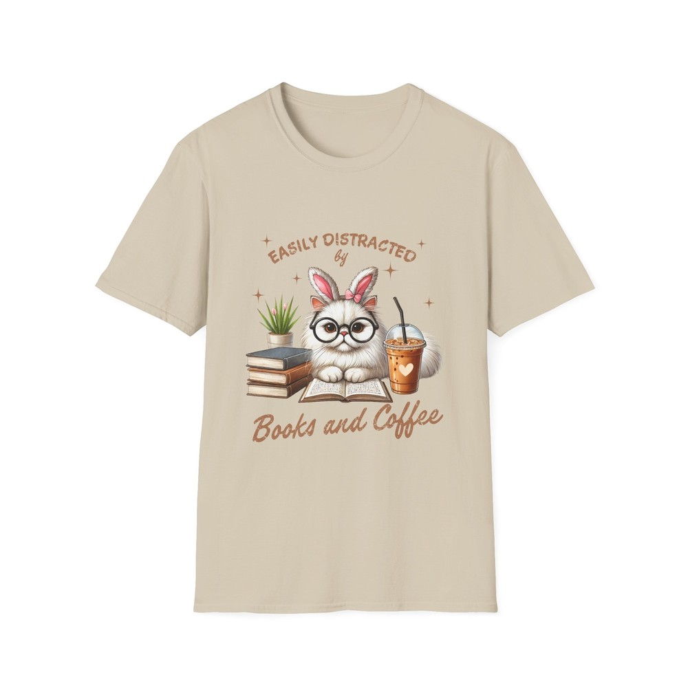 Easily Distracted by Books and Coffee Tee, Cat Lover Shirt, Bookworm Gift, Funny