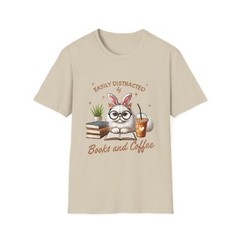 Easily Distracted by Books and Coffee Tee, Cat Lover Shirt, Bookworm Gift, Funny