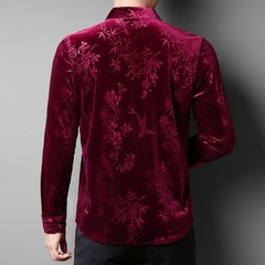 Men Velevt Blouse Shirts Tops Floral Printed Plush Casual Formal Cardigan M-3XL