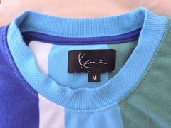 KARL KANI BIG LOGO MENS’ SHIRT — SIZE M ~ VERTICAL STRIPED COLORBLOCK SCRIPT