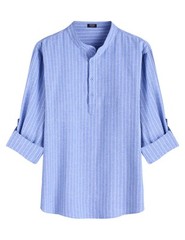Men’s Cotton Hemp Long Sleeve Casual Beach Henley Shirt (Blue Stripe Large)