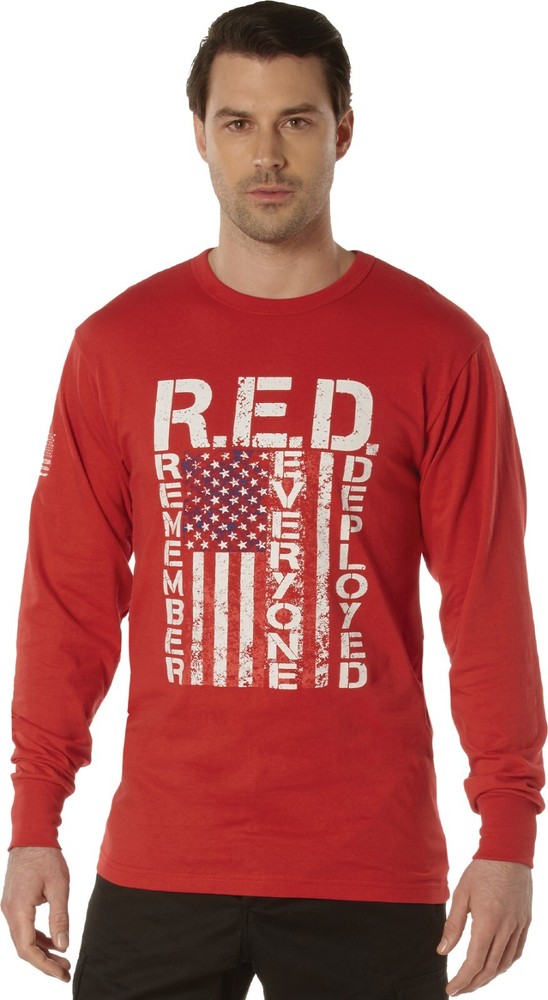 Rothco Mens Red Long Sleeve Remember Everyone Deployed T-Shirt Athletic Fit Tee