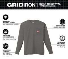 Milwaukee Men’s X-Large Gray GRIDIRON Cotton/Polyester Long-Sleeve T-Shirt (AA)