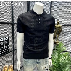 Men Vintage Jacquard Knitted Hollow Out Summer Short Sleeve Sweater Chic Tops