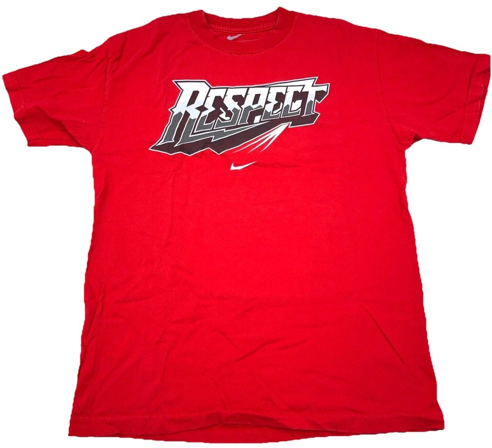 Nike Shirt Men Medium Red Gray Tee Center Swoosh Respect Spell Out Loose Fit *