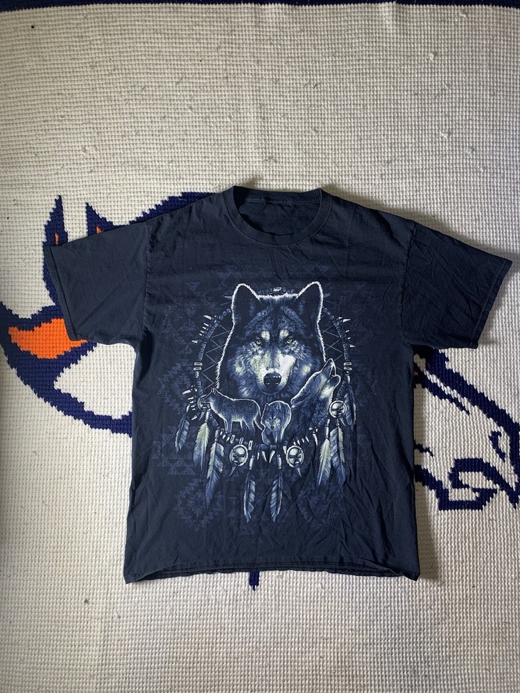 Vintage Y2K Nature Wolf Native Bog Print Black Shirt Size Medium!!