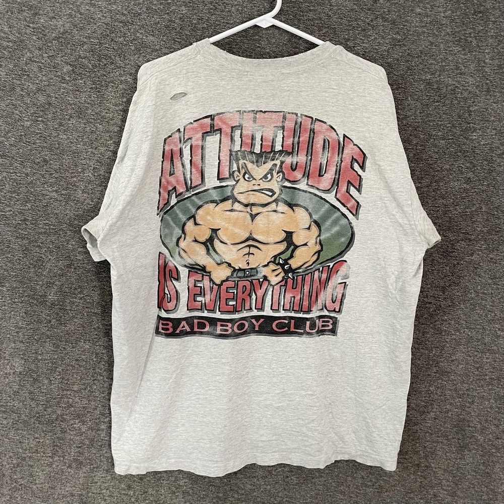 VTG Bad Boy Club Shirt Mens XL Gray Attitude Is Everything Tee 90s SINGLE STITCH