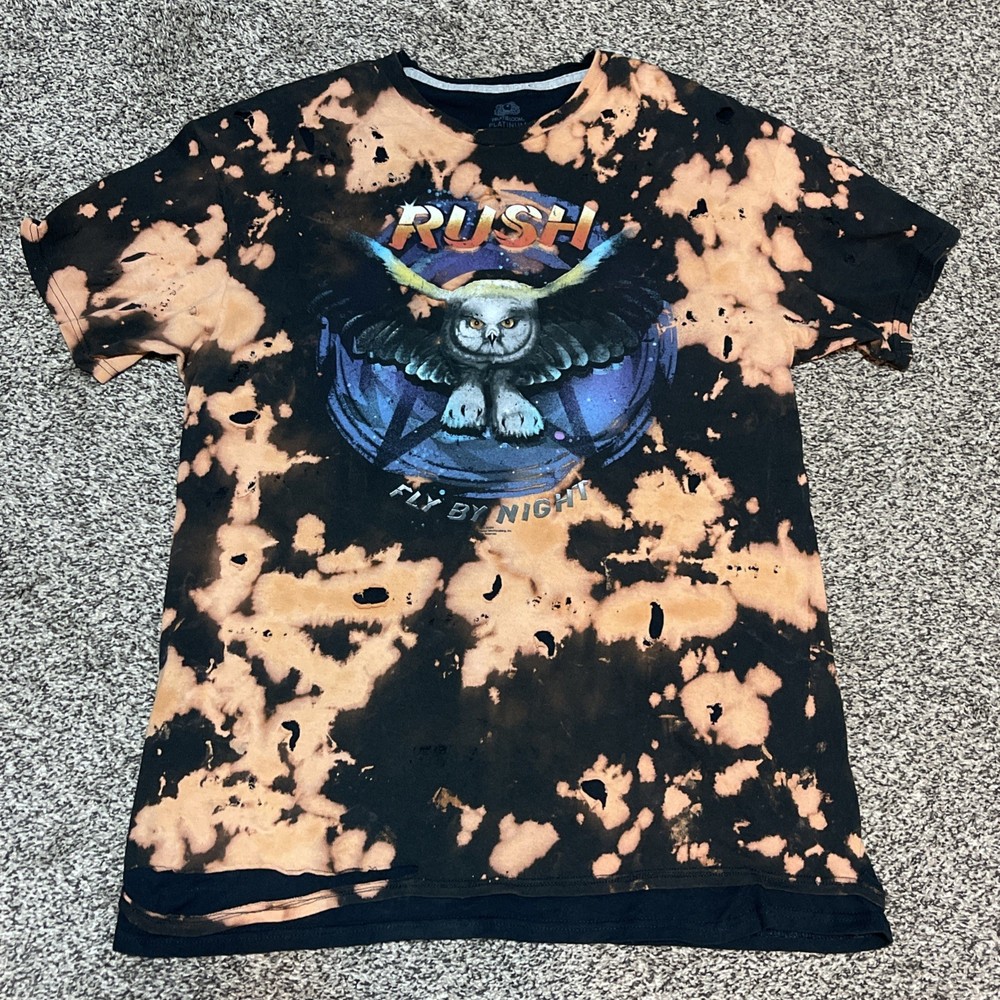 Rush Fly By Night Men T Shirt Largei Black Bleach Acid Wash Distressed Modern