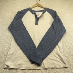 LL Bean Henley Mens L Blue Oatmeal Raglan Baseball Long Sleeve Wool Blend Shirt