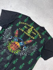 Christian Audigier Skull Spider Web Rhinestone Gothic Graphic T-Shirt Black