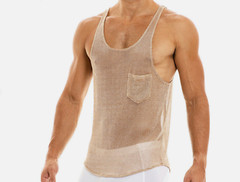 INCERUN Men’s Gold Size XL Scoop Neck Sheer Mesh Metallic Pocket Tank Top