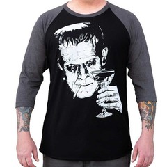 Lowbrow Art Monster Martini Frankenstein Black Gray Baseball Shirt Tee S-2XL