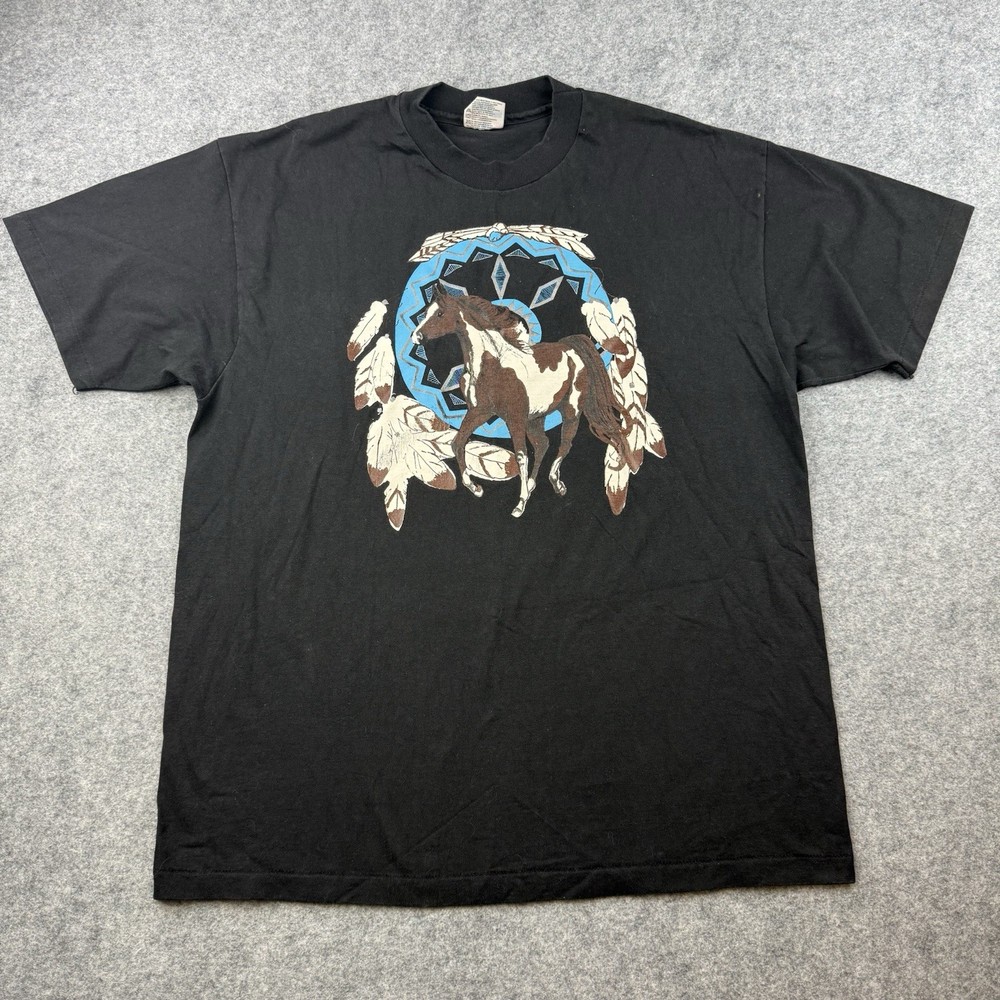 VTG Horse Indian Shirt Mens XL Black Hanes Heavyweight Made USA Graphic 90s