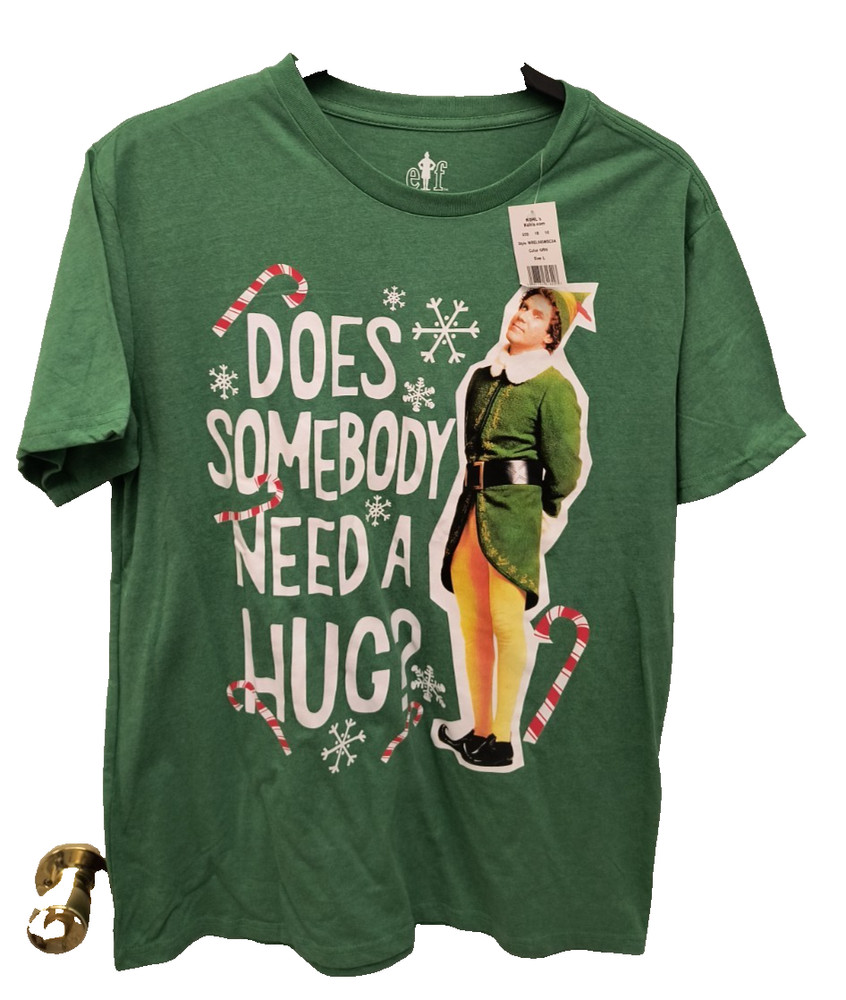 Buddy The Elf “Does Somebody Need A Hug” Green Christmas T-shirt Men’s Large-NEW