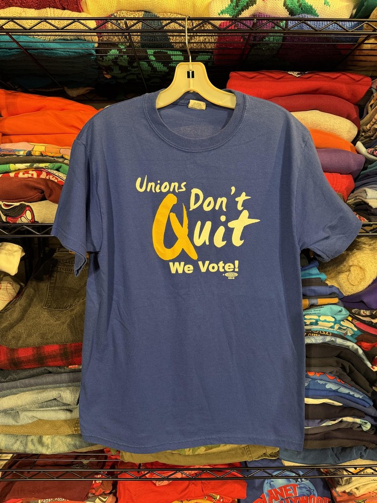 Vintage Plains Shirt Mens Medium Blue Unions Don’t Quit We Vote Graphic Tee 80s