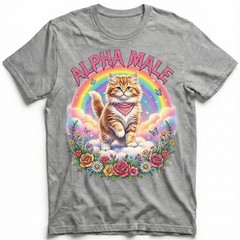 Alphamale Cat Rainbow Flowers Cute Kitten T-Shirt Whimsical Fantasy Kitty Tee