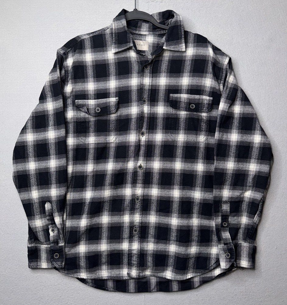 Jachs Mfg Heritage Flannel Shirt Men Large Black White Plaid Button Up Pockets