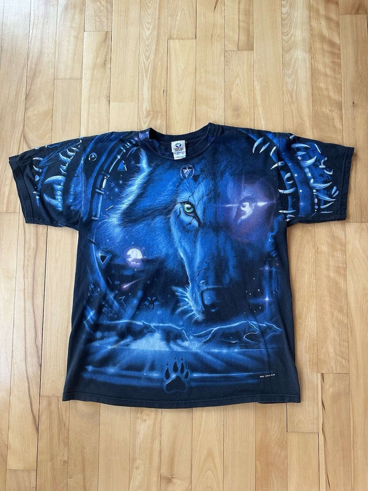 Vintage 2001 Liquid Blue Great Wolf Lodge Wolf All Over Print T-Shirt Size L