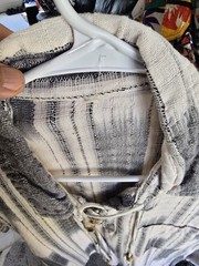 Men’s Striped Woven Lace-Up Short Sleeve T-Shirt Gray White Cotton Pocket Beads