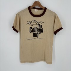 Vintage 70s The College Inn Colorado State CSU University Ringer TShirt Tan Mens