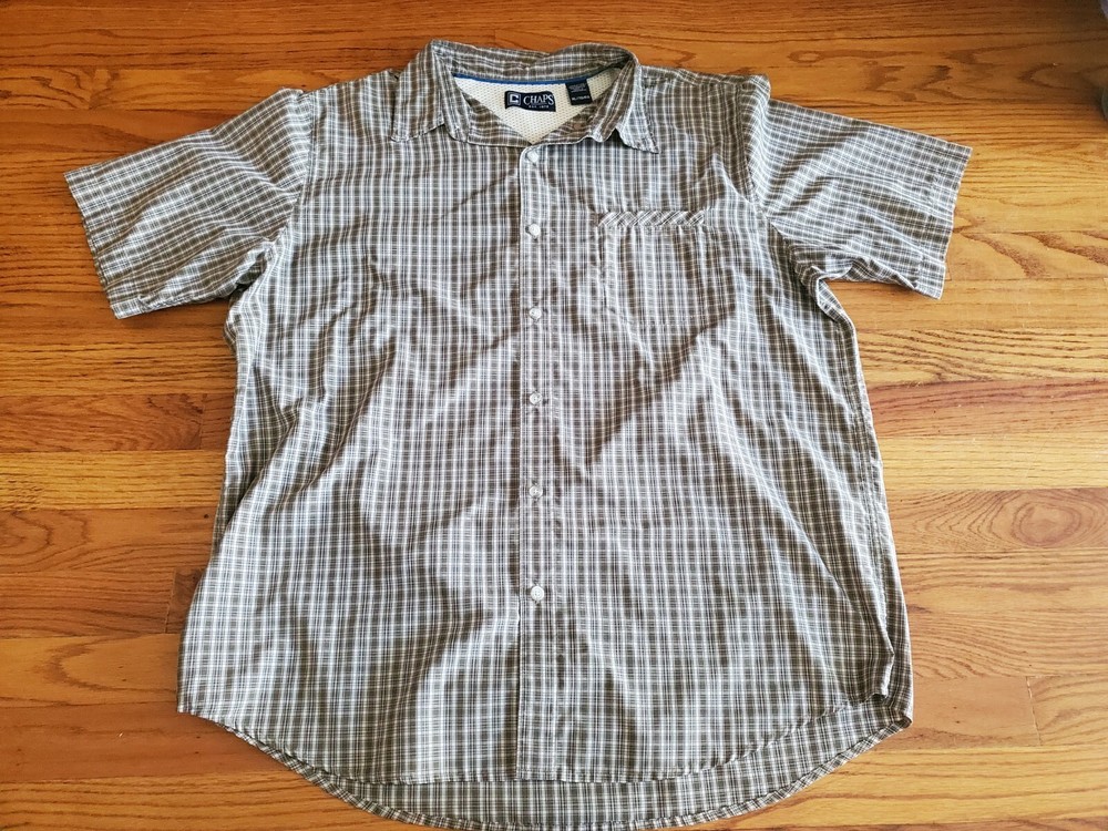 Chaps Blue Plaid Easy Care Button Up Short Sleeve Shirt Size XL green gray brown
