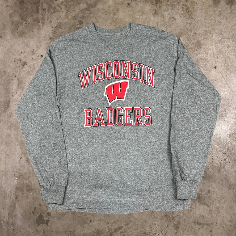 Wisconsin Badgers Long Sleeve T-Shirt NCAA Football Tee Heather Gray Mens Size M