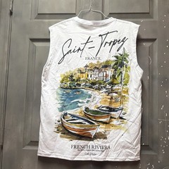 Phillip James Men’s White Saint-Tropez Graphic Logo Sleeveless Crew Tee Size M