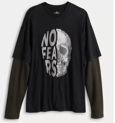 No Fears Men’s Size XL Shirt Black Gray Layered Look Oversized Skeleton Skull