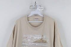Vintage 90s Streetwear Mens XL Distressed Beach Lighthouse T-Shirt Beige Cotton