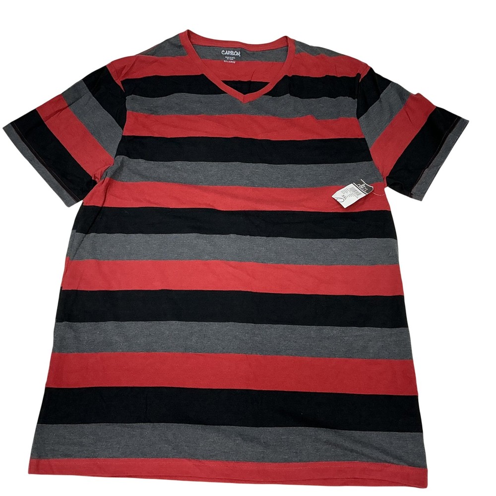 Carbon Shirt Mens 2XL Red Gray Black Stripe V Neck Short Sleeve Tagless