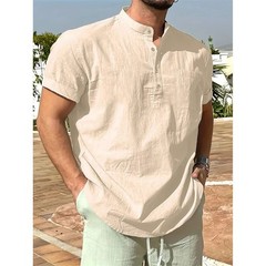Men’s Cotton Linen Henley Shirt Short Sleeve Casual Summer Tee