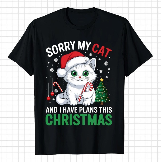 Sorry My Cat And I Have Plans This Christmas T-Shirt Funny Kitten Santa Tee