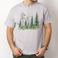 Forest Trees Shirt Watercolor Pine Nature Landscape Birds Tshirt gray