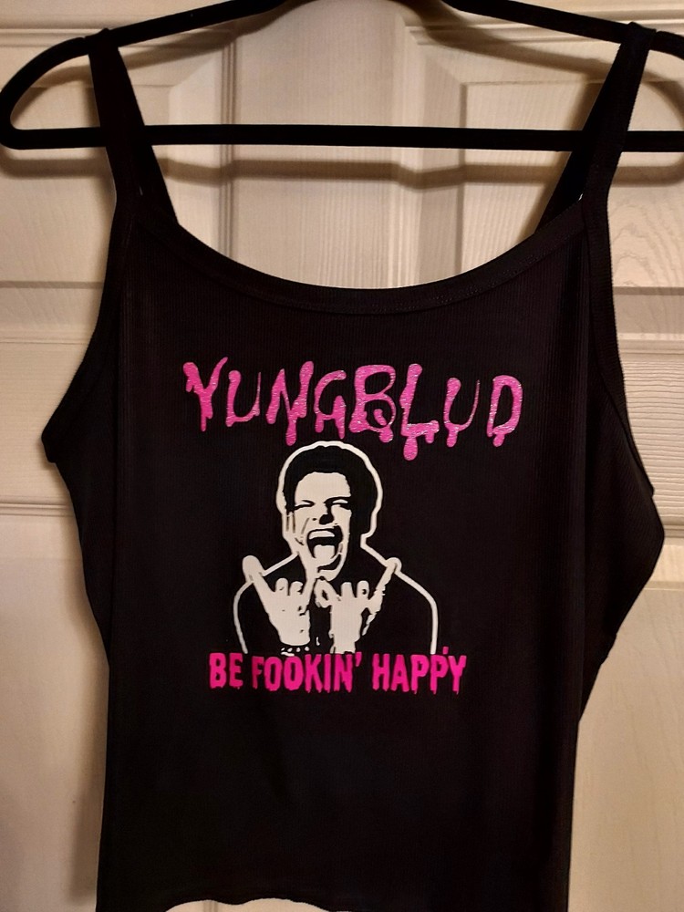 yungblud Crop Top be fookin happy yungblud Tank Top Croppe pink glitter Xs-2xl