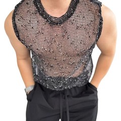 Men’s Fishnet Hollow Vest Sleeveless Shiny Mesh Tank Top for Club Party Daily