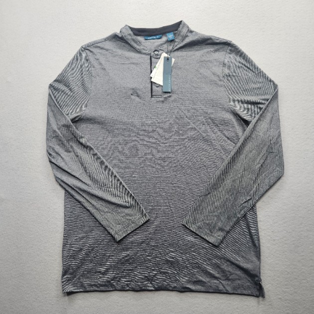 Perry Ellis Men’s Large Long Sleeve Henley Shirt Black Gray Moisture Wicking NWT