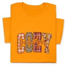 Cozy Season Fall T-Shirt – Autumn Plaid & Leopard Patchwork Tee