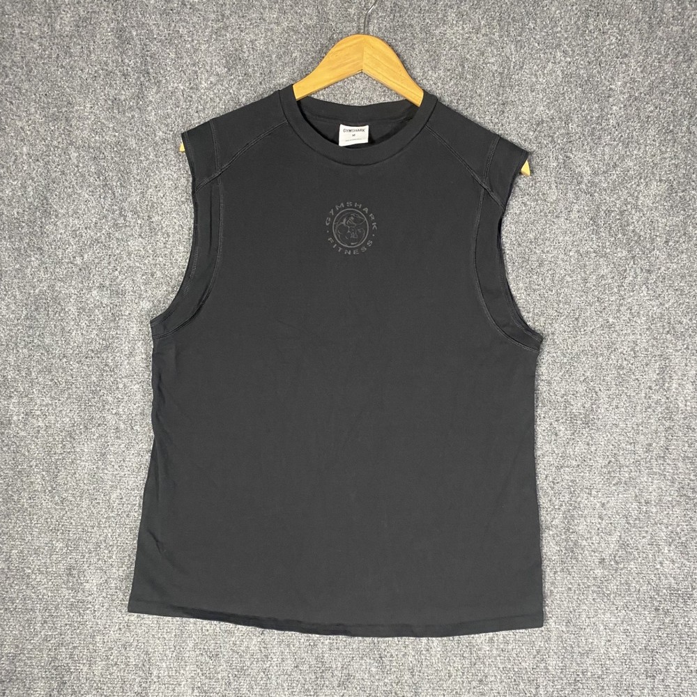 GymShark T Shirt Mens Medium M Black Sleeveless Gym Workout Running Shark Logo
