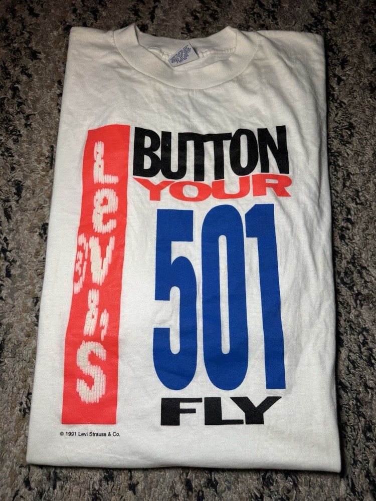 Vtg 90s BUTTON YOUR FLY LEVI’S 501 Tab Variant T Shirt Neon XL Single Stitch USA