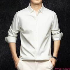 Spring Mens Long Sleeve Shirt Silk Cotton Business Casual Formal Slim Fit Shirts