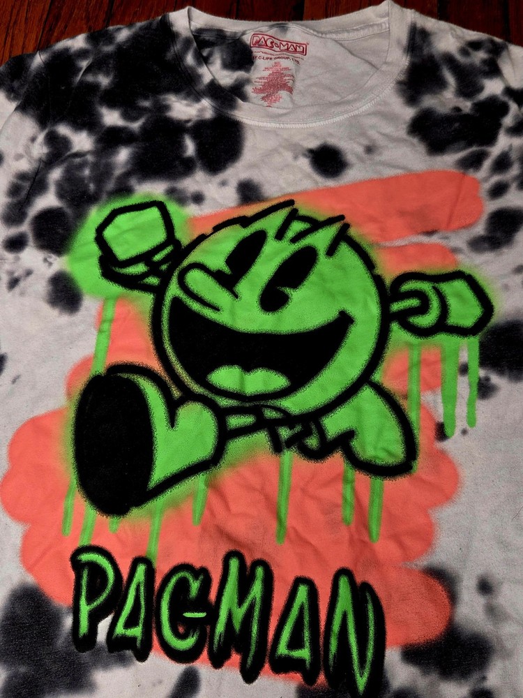 Pac-Man Mens Large L White Black Tie Dye Retro Graphic C-Life Group T Shirt B5