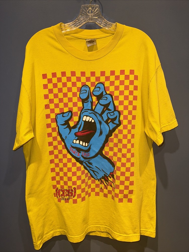 XL Santa Cruz T Shirt, Yellow, Blue Screaming Hand, 1980’s, 42” Chest, 40” Waist