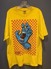 XL Santa Cruz T Shirt, Yellow, Blue Screaming Hand, 1980’s, 42” Chest, 40” Waist